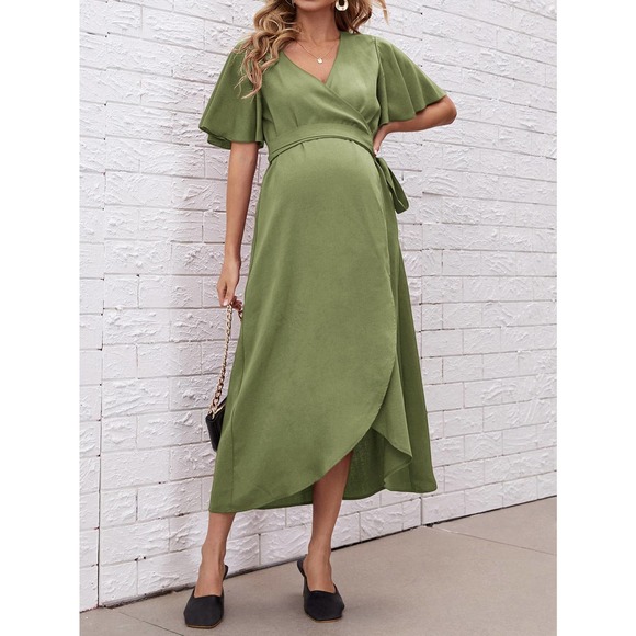 Maternity Flutter Sleeve Belted Wrap Dress pink - Picture 8 of 8